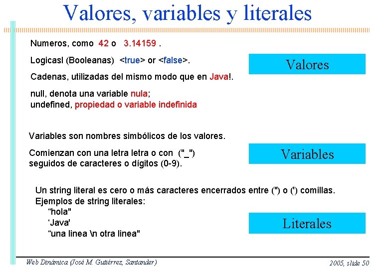 Valores, variables y literales Numeros, como 42 o 3. 14159. Logicasl (Booleanas) <true> or