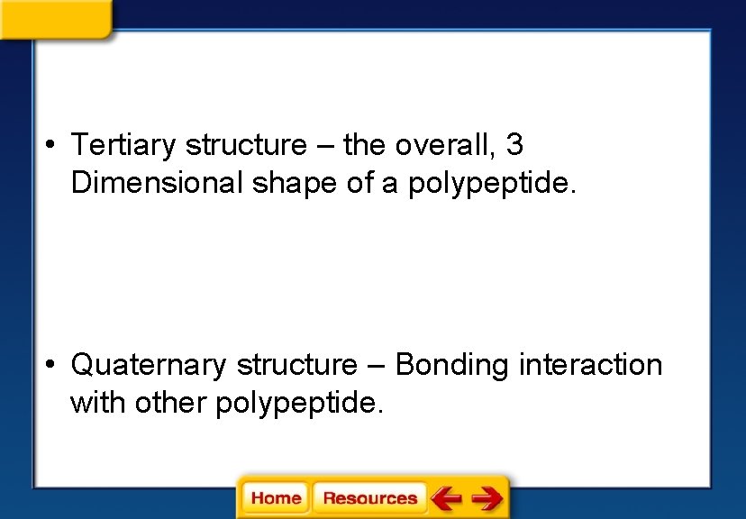  • Tertiary structure – the overall, 3 Dimensional shape of a polypeptide. •