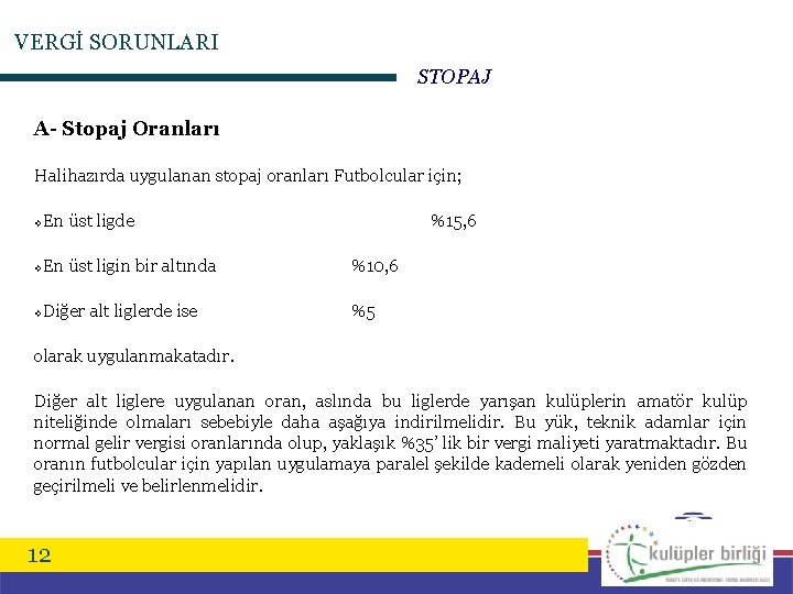 VERGİ SORUNLARI STOPAJ A- Stopaj Oranları Halihazırda uygulanan stopaj oranları Futbolcular için; v En