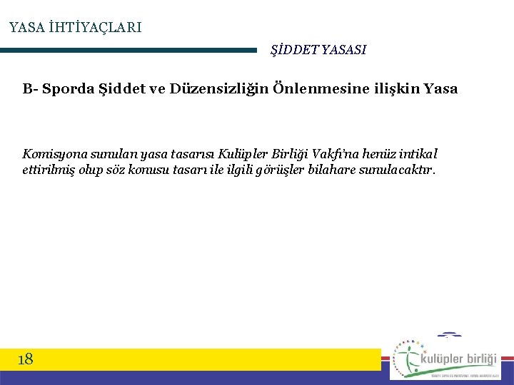 YASA İHTİYAÇLARI ŞİDDET YASASI B- Sporda Şiddet ve Düzensizliğin Önlenmesine ilişkin Yasa Komisyona sunulan