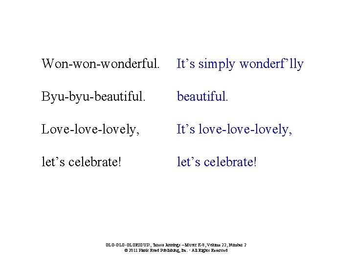 Won-wonderful. It’s simply wonderf’lly Byu-beautiful. Love-lovely, It’s love-lovely, let’s celebrate! GLO-GLORIOUS!, Teresa Jennings –
