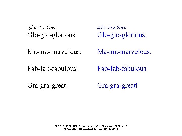 after 3 rd time: Glo-glo-glorious. Ma-ma-marvelous. Fab-fab-fabulous. Gra-gra-great! GLO-GLORIOUS!, Teresa Jennings – MUSIC K-8,