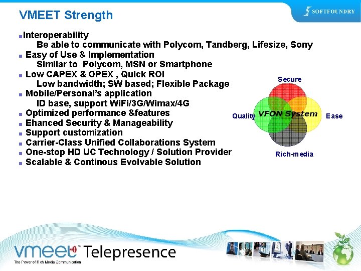 VMEET Strength ■Interoperability Be able to communicate with Polycom, Tandberg, Lifesize, Sony ■ Easy