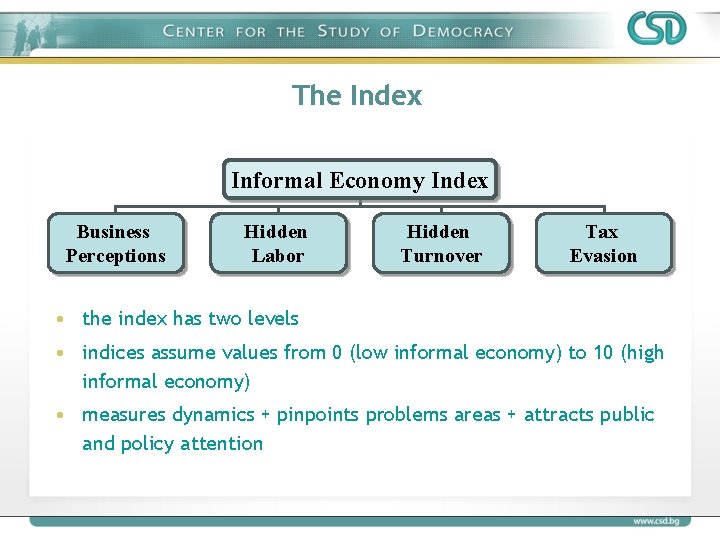 The Index Informal Economy Index Business Perceptions Hidden Labor Hidden Turnover Tax Evasion •