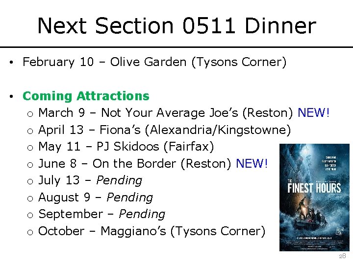 Next Section 0511 Dinner • February 10 – Olive Garden (Tysons Corner) • Coming