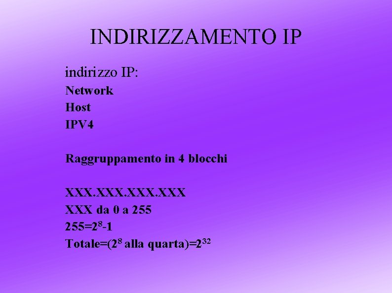 INDIRIZZAMENTO IP indirizzo IP: Network Host IPV 4 Raggruppamento in 4 blocchi XXX da