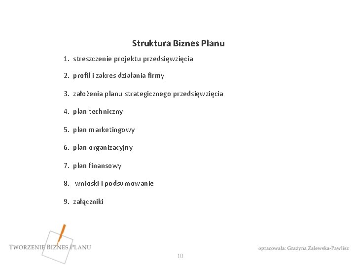 Struktura Biznes Planu 1. streszczenie projektu przedsięwzięcia 2. profil i zakres działania firmy 3.