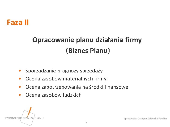 Faza II Opracowanie planu działania firmy (Biznes Planu) • • Sporządzanie prognozy sprzedaży Ocena