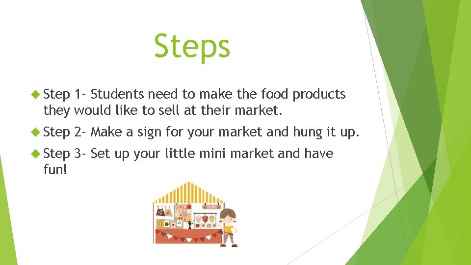 Steps Step 1 - Students need to make the food products they would like