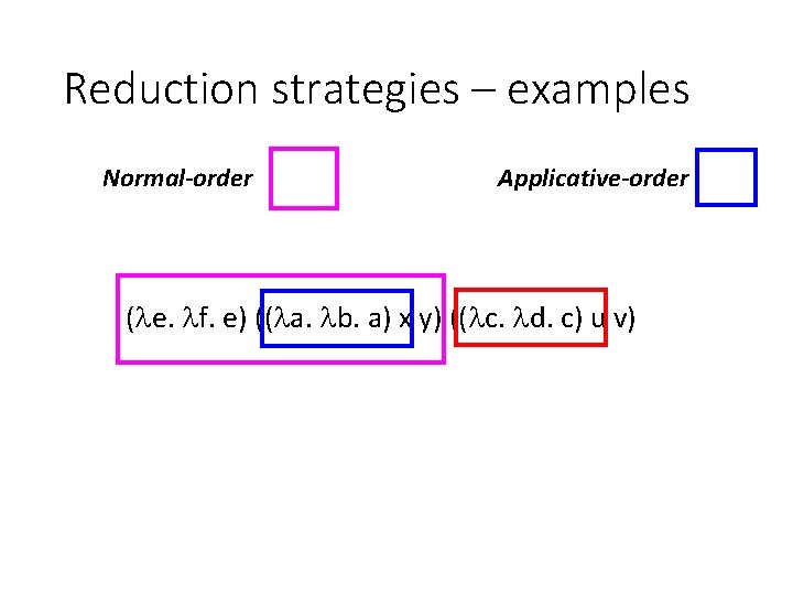 Reduction strategies – examples Normal-order Applicative-order ( e. f. e) (( a. b. a)