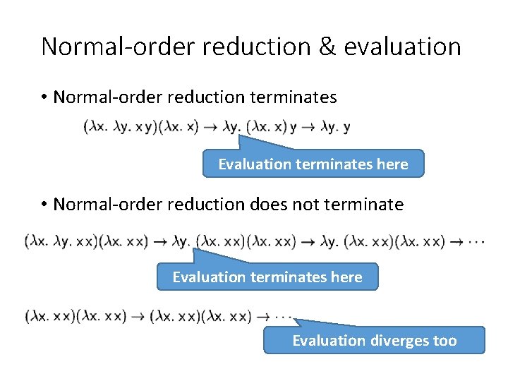 Normal-order reduction & evaluation • Normal-order reduction terminates Evaluation terminates here • Normal-order reduction