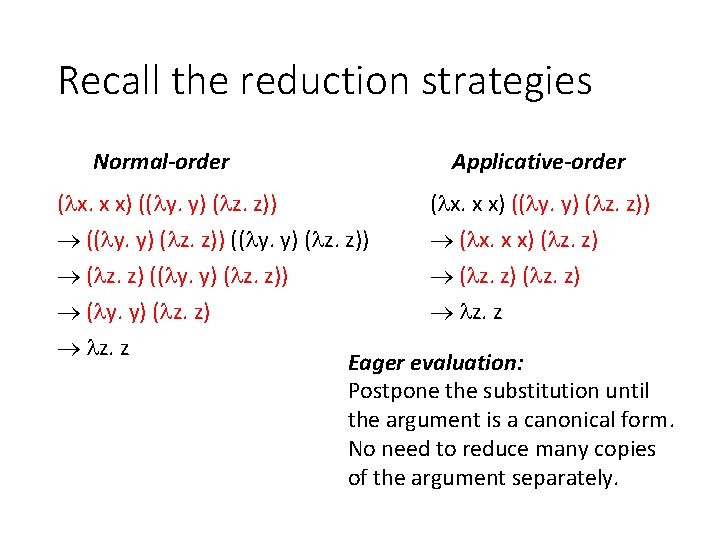 Recall the reduction strategies Normal-order Applicative-order ( x. x x) (( y. y) (