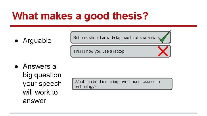 What makes a good thesis? ● Arguable Schools should provide laptops to all students.