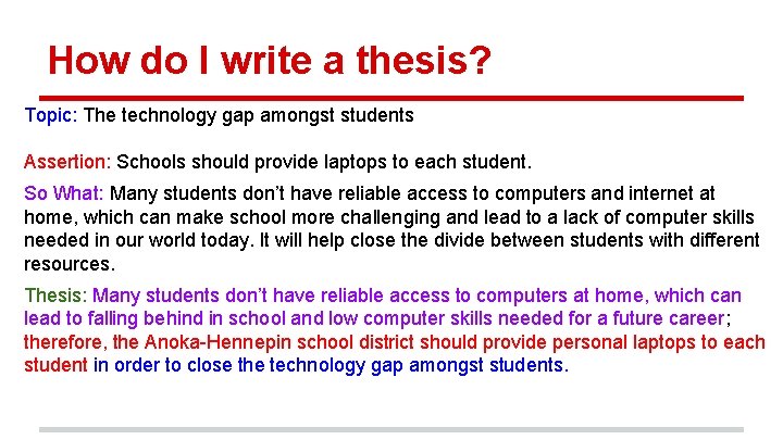 How do I write a thesis? Topic: The technology gap amongst students Assertion: Schools