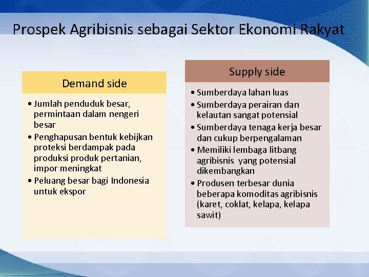 Prospek Agribisnis sebagai Sektor Ekonomi Rakyat Demand side • Jumlah penduduk besar, permintaan dalam