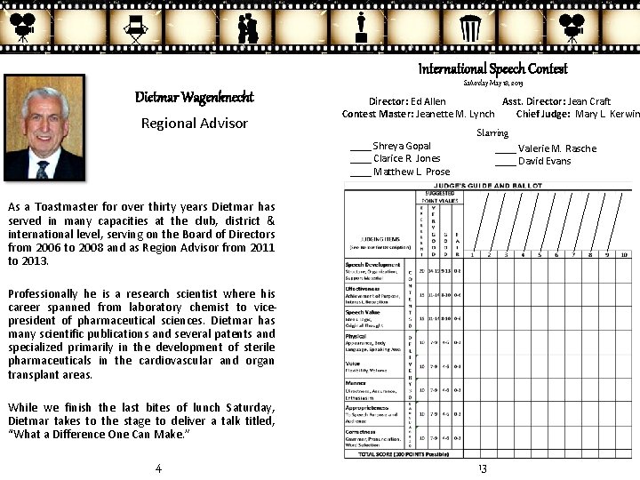 International Speech Contest Saturday May 18, 2013 Dietmar Wagenknecht Regional Advisor Director: Ed Allen