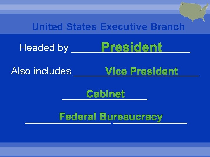 United States Executive Branch Headed by ___________ President Vice President Also includes ___________ Cabinet