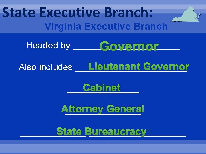 State Executive Branch: Virginia Executive Branch Headed by ___________ Governor Lieutenant Governor Also includes