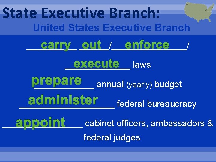 State Executive Branch: United States Executive Branch carry ______/________/ enforce out _____ execute laws