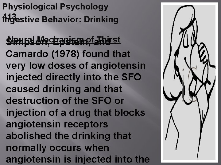 Physiological Psychology 413 Ingestive Behavior: Drinking Neural Mechanism ofand Thirst Simpson, Epstein, Camardo (1978)