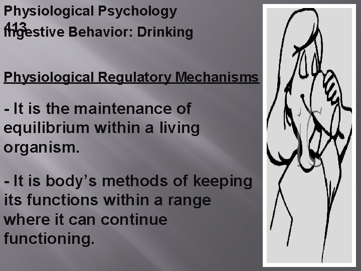 Physiological Psychology 413 Ingestive Behavior: Drinking Physiological Regulatory Mechanisms - It is the maintenance