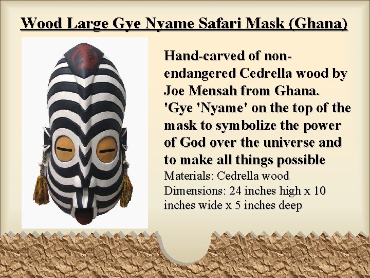 Wood Large Gye Nyame Safari Mask (Ghana) Hand-carved of nonendangered Cedrella wood by Joe
