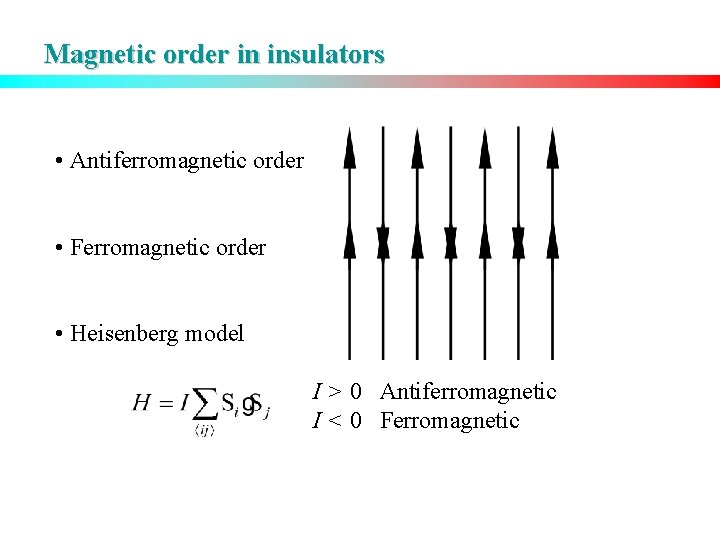 Magnetic order in insulators • Antiferromagnetic order • Ferromagnetic order • Heisenberg model I