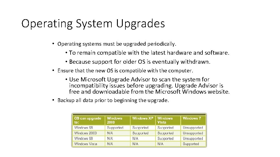 Operating System Upgrades • Operating systems must be upgraded periodically. • To remain compatible