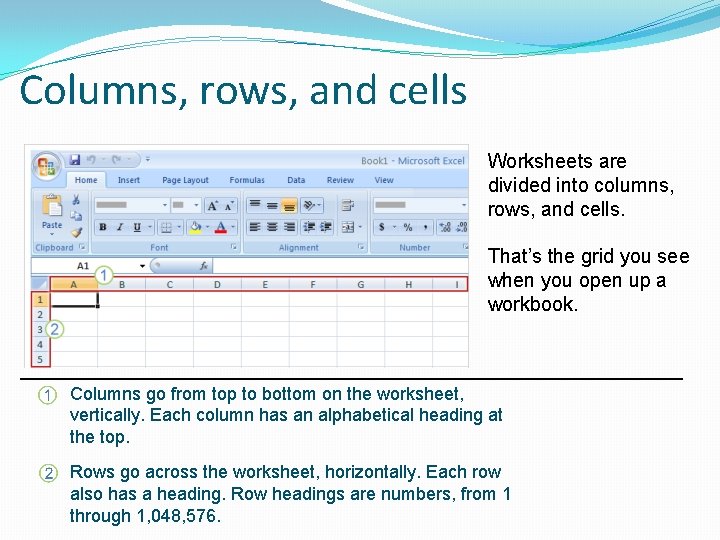 Columns, rows, and cells Worksheets are divided into columns, rows, and cells. That’s the
