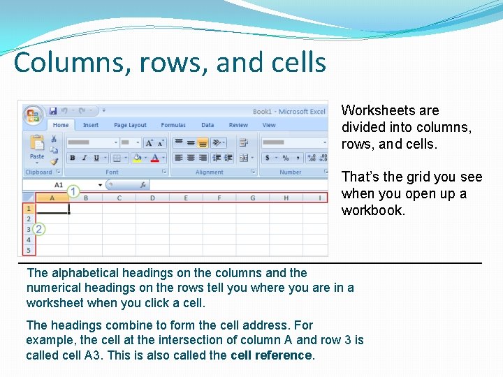 Columns, rows, and cells Worksheets are divided into columns, rows, and cells. That’s the