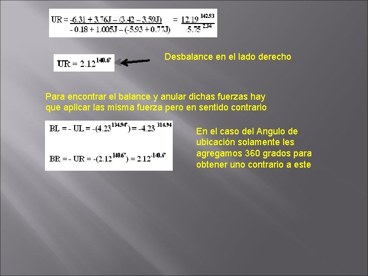 Desbalance en el lado derecho Para encontrar el balance y anular dichas fuerzas hay