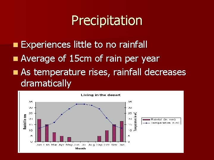 Precipitation n Experiences little to no rainfall n Average of 15 cm of rain