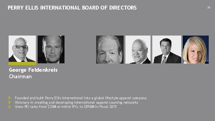 PERRY ELLIS INTERNATIONAL BOARD OF DIRECTORS George Feldenkreis Chairman Founded and built Perry Ellis