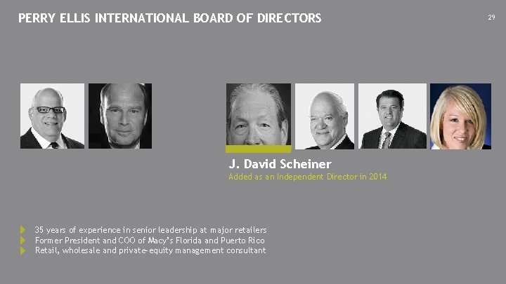 PERRY ELLIS INTERNATIONAL BOARD OF DIRECTORS J. David Scheiner Added as an Independent Director