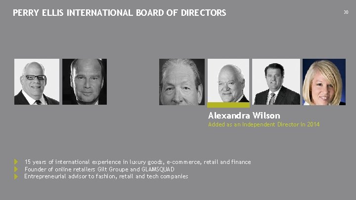 PERRY ELLIS INTERNATIONAL BOARD OF DIRECTORS Alexandra Wilson Added as an Independent Director in