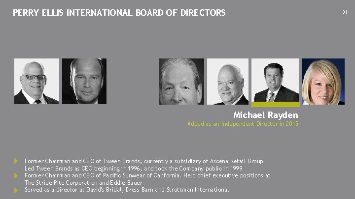 PERRY ELLIS INTERNATIONAL BOARD OF DIRECTORS 31 Michael Rayden Added as an Independent Director