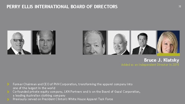 PERRY ELLIS INTERNATIONAL BOARD OF DIRECTORS 32 Bruce J. Klatsky Added as an Independent