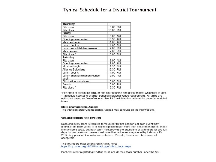 Typical Schedule for a District Tournament 