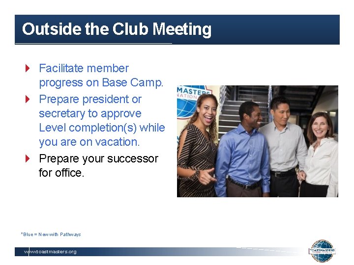 Outside the Club Meeting Facilitate member progress on Base Camp. Prepare president or secretary