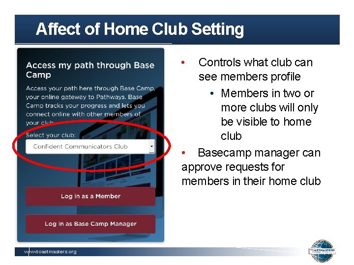 Affect of Home Club Setting • Controls what club can see members profile •