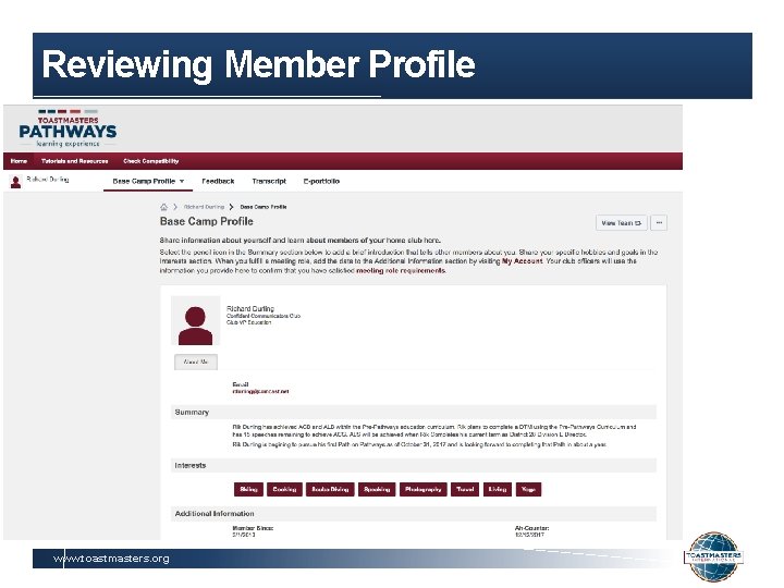 Reviewing Member Profile www. toastmasters. org 