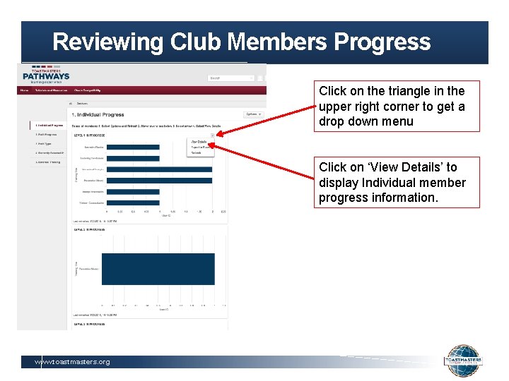 Reviewing Club Members Progress Click on the triangle in the upper right corner to