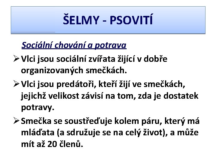 ŠELMY - PSOVITÍ Sociální chování a potrava Ø Vlci jsou sociální zvířata žijící v