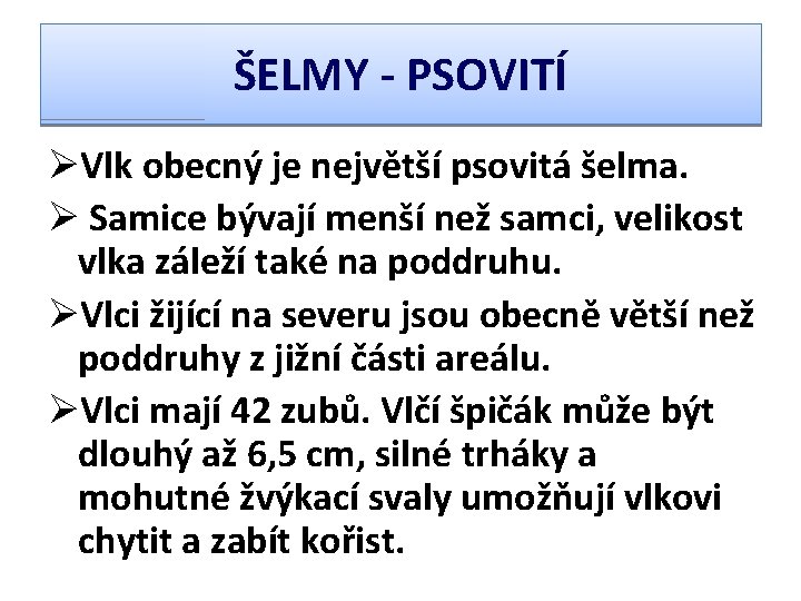 ŠELMY - PSOVITÍ ØVlk obecný je největší psovitá šelma. Ø Samice bývají menší než