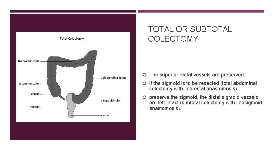 TOTAL OR SUBTOTAL COLECTOMY The superior rectal vessels are preserved. If the sigmoid is