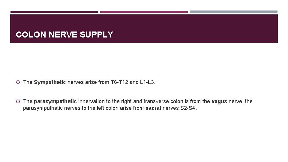 COLON NERVE SUPPLY The Sympathetic nerves arise from T 6 -T 12 and L