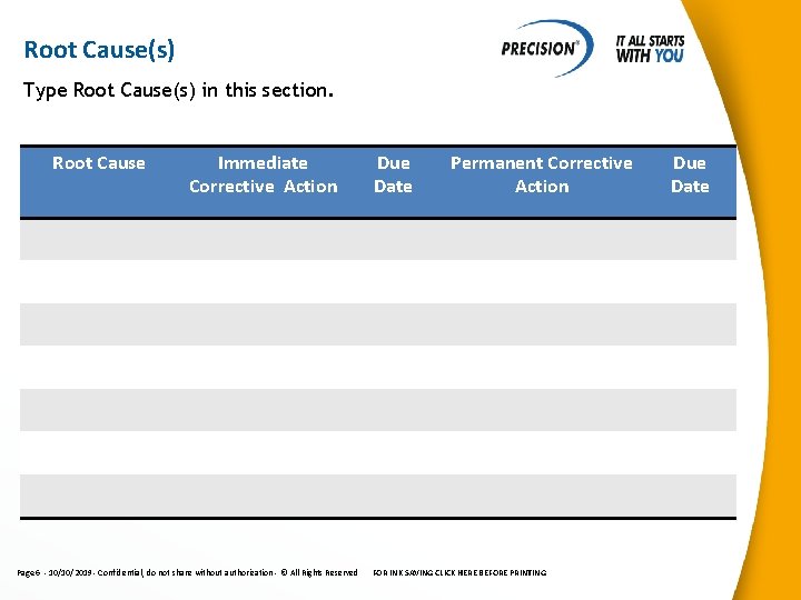 Root Cause(s) Type Root Cause(s) in this section. Root Cause Immediate Corrective Action Page