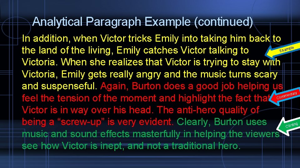 Analytical Paragraph Example (continued) In addition, when Victor tricks Emily into taking him back