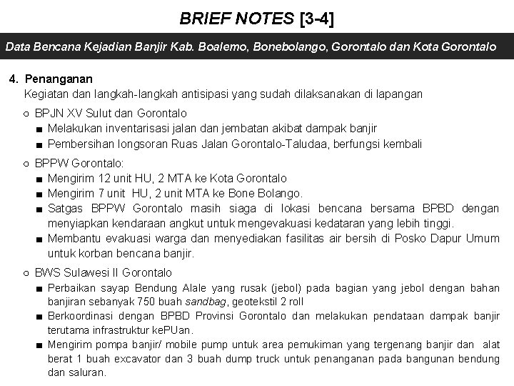 BRIEF NOTES [3 -4] Data Bencana Kejadian Banjir Kab. Boalemo, Bonebolango, Gorontalo dan Kota