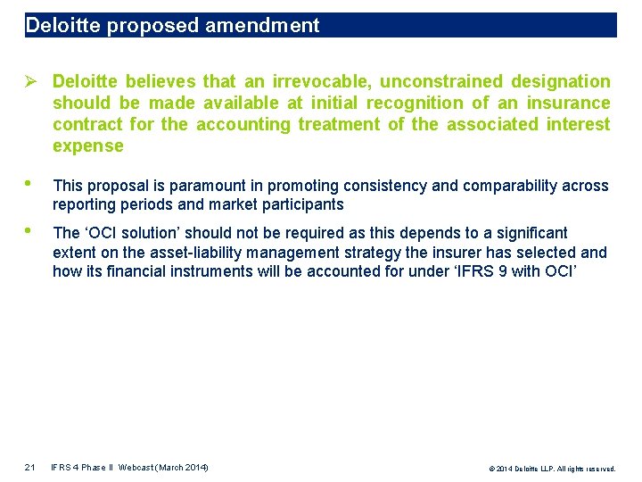 Deloitte proposed amendment Ø Deloitte believes that an irrevocable, unconstrained designation should be made